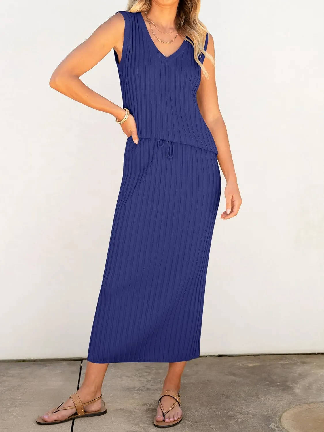 Women's 2 Piece Outfits Summer Sweater Skirt Sets Casual Sleeveless V Neck Ribbed Vest Knit Tops Midi Dress