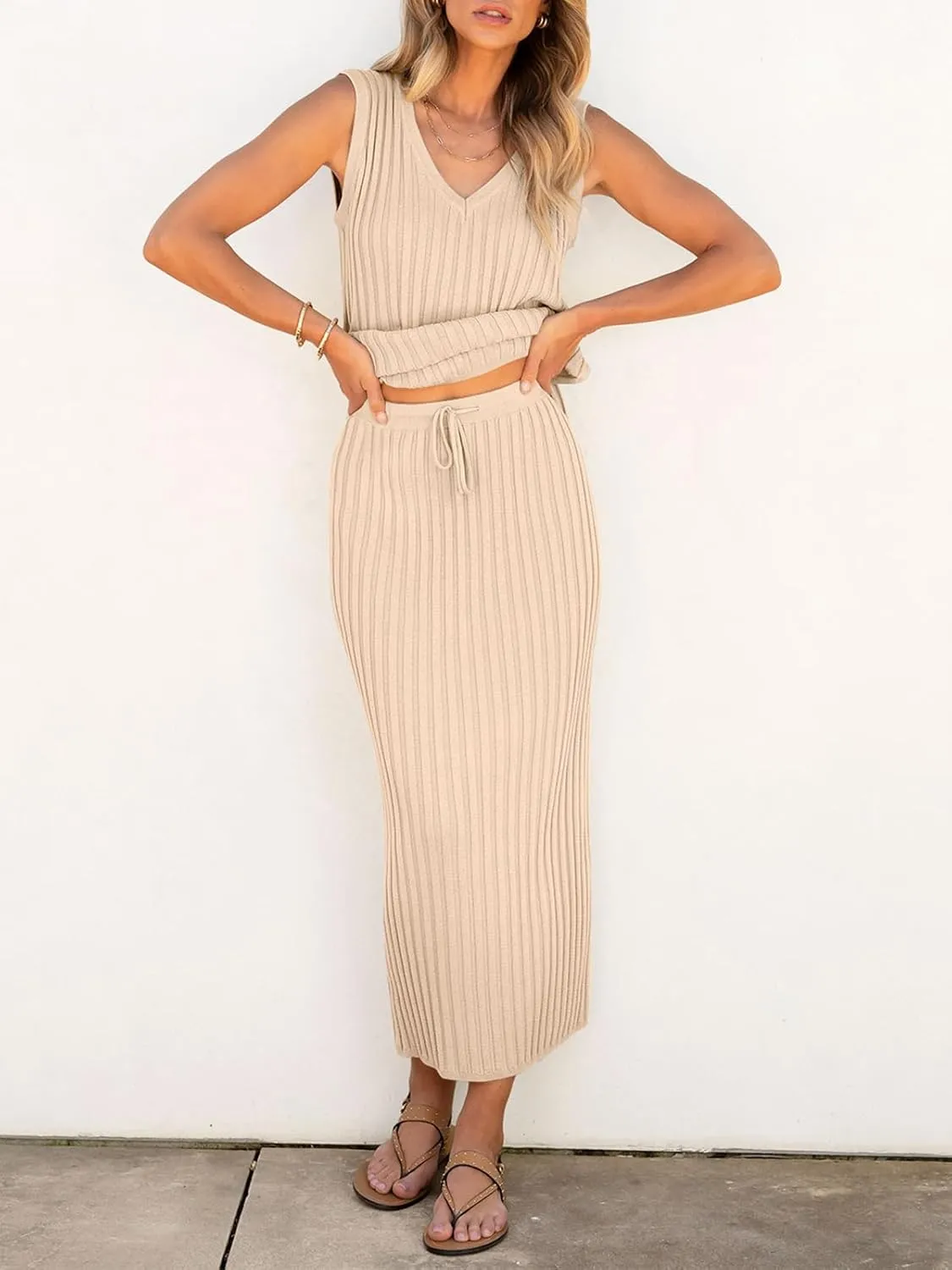Women's 2 Piece Outfits Summer Sweater Skirt Sets Casual Sleeveless V Neck Ribbed Vest Knit Tops Midi Dress