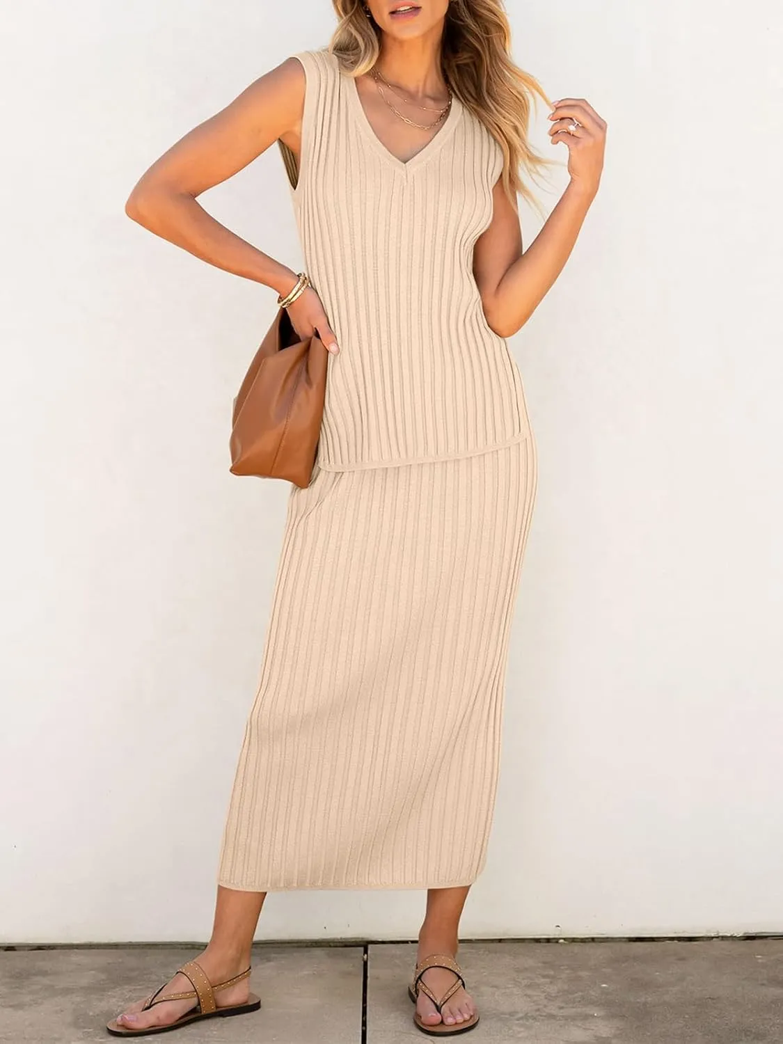 Women's 2 Piece Outfits Summer Sweater Skirt Sets Casual Sleeveless V Neck Ribbed Vest Knit Tops Midi Dress