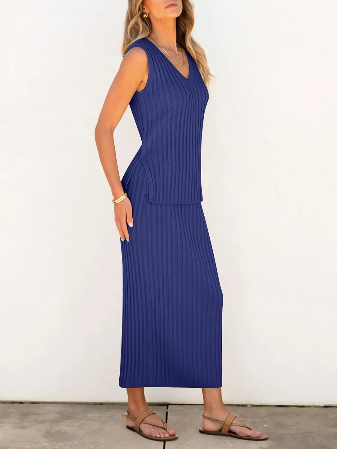 Women's 2 Piece Outfits Summer Sweater Skirt Sets Casual Sleeveless V Neck Ribbed Vest Knit Tops Midi Dress