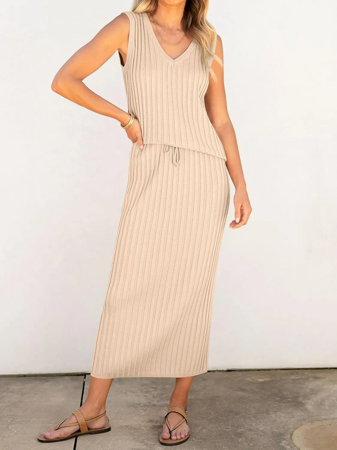 Women's 2 Piece Outfits Summer Sweater Skirt Sets Casual Sleeveless V Neck Ribbed Vest Knit Tops Midi Dress