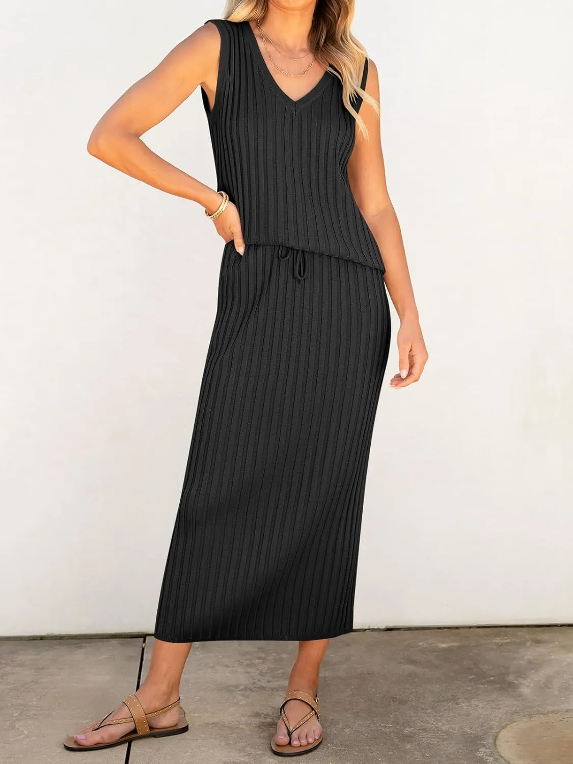 Women's 2 Piece Outfits Summer Sweater Skirt Sets Casual Sleeveless V Neck Ribbed Vest Knit Tops Midi Dress