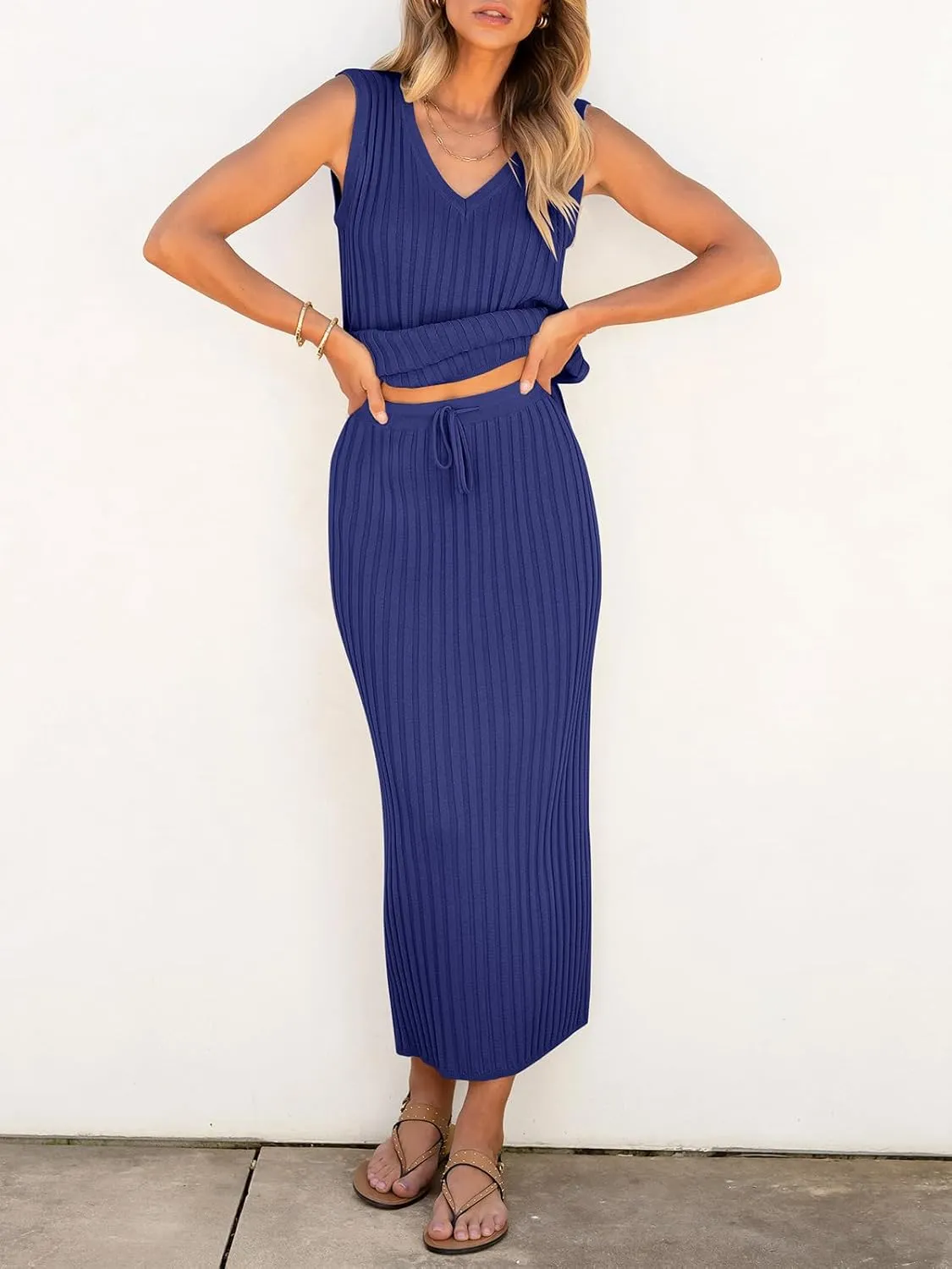 Women's 2 Piece Outfits Summer Sweater Skirt Sets Casual Sleeveless V Neck Ribbed Vest Knit Tops Midi Dress