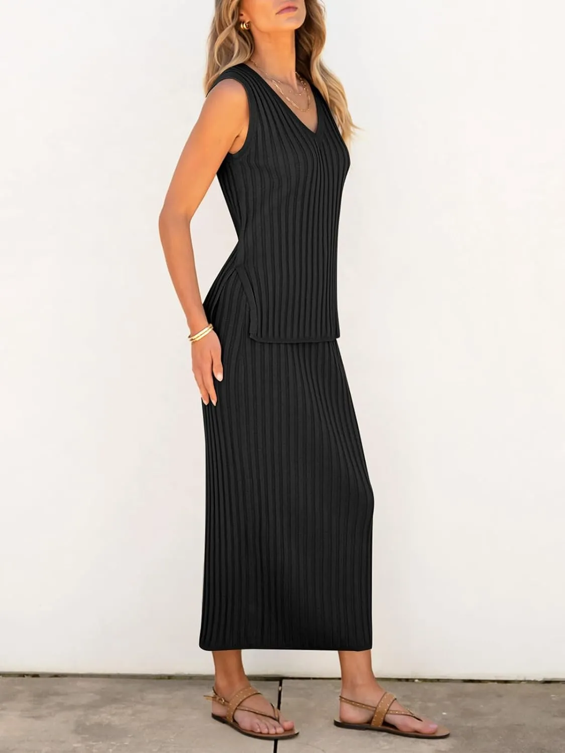 Women's 2 Piece Outfits Summer Sweater Skirt Sets Casual Sleeveless V Neck Ribbed Vest Knit Tops Midi Dress