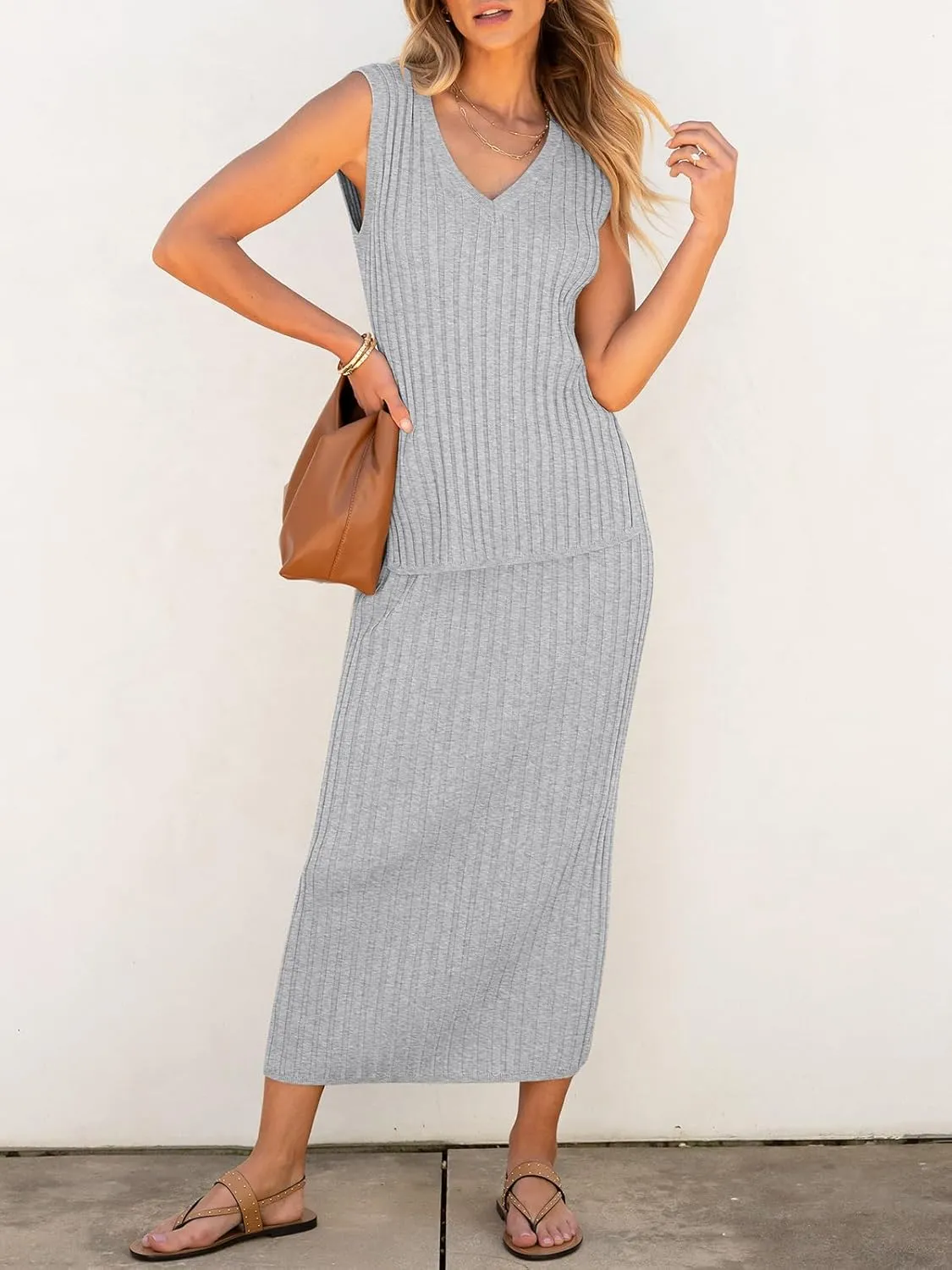 Women's 2 Piece Outfits Summer Sweater Skirt Sets Casual Sleeveless V Neck Ribbed Vest Knit Tops Midi Dress