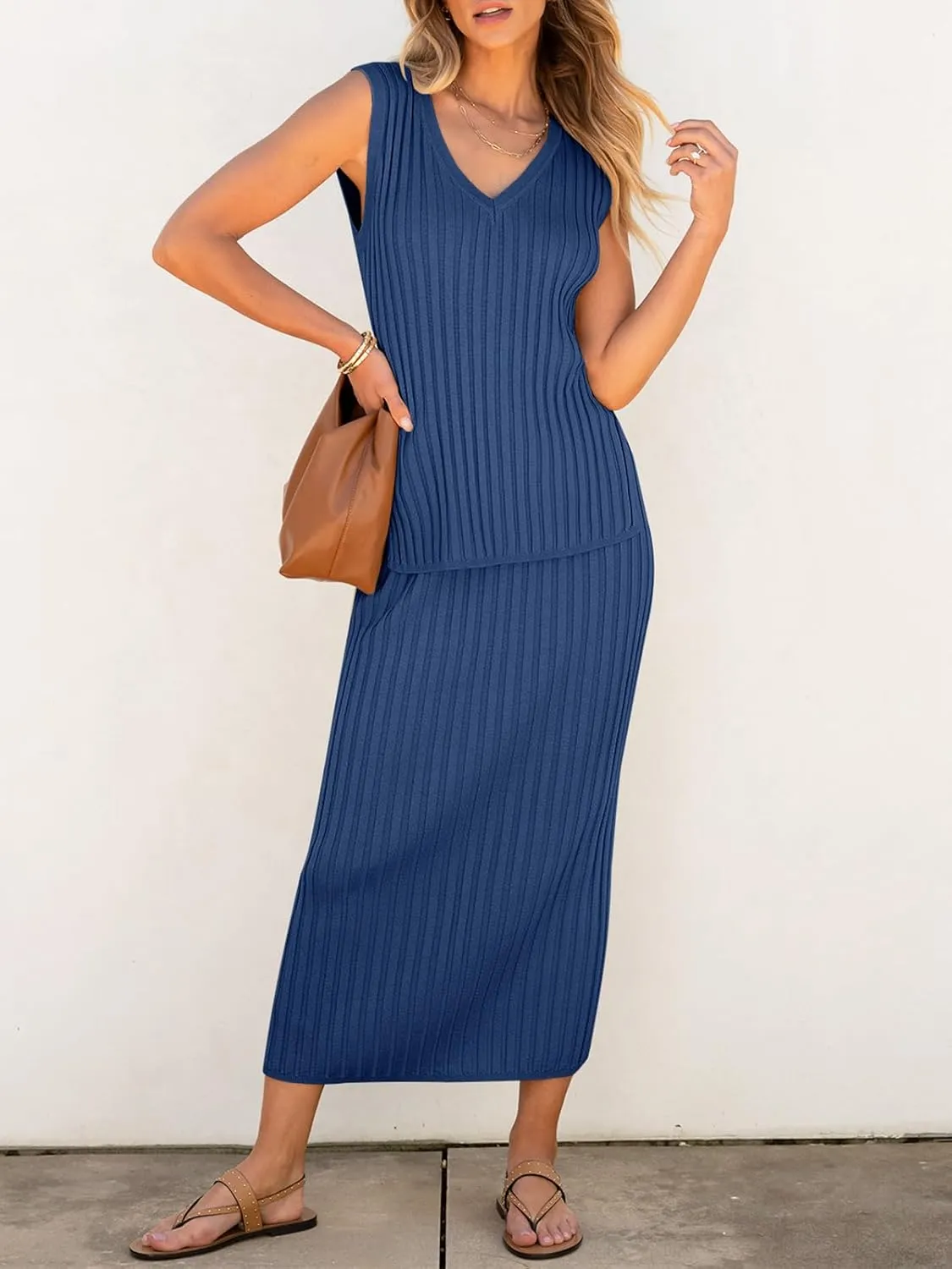 Women's 2 Piece Outfits Summer Sweater Skirt Sets Casual Sleeveless V Neck Ribbed Vest Knit Tops Midi Dress
