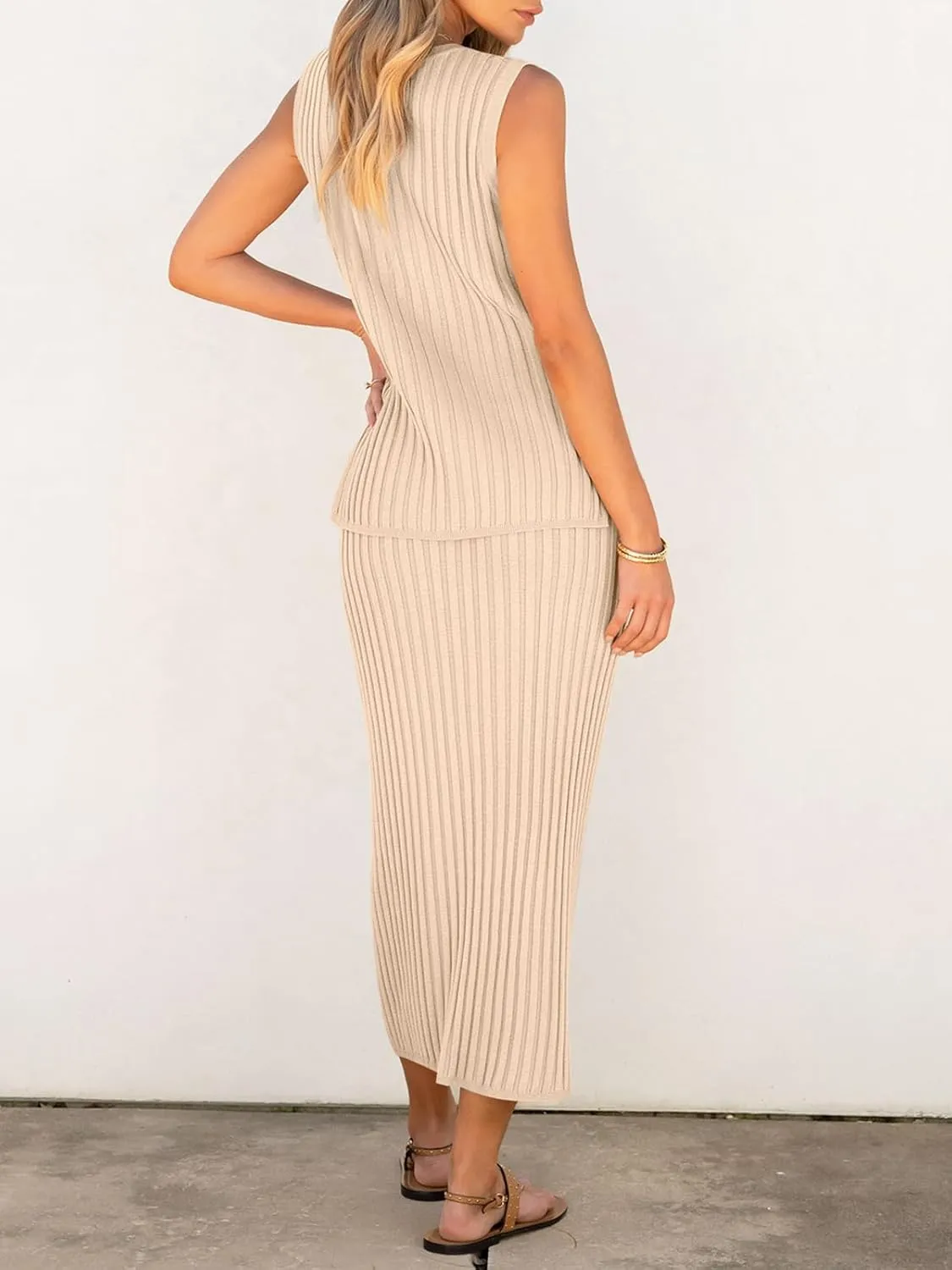 Women's 2 Piece Outfits Summer Sweater Skirt Sets Casual Sleeveless V Neck Ribbed Vest Knit Tops Midi Dress