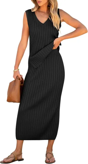 Women's 2 Piece Outfits Summer Sweater Skirt Sets Casual Sleeveless V Neck Ribbed Vest Knit Tops Midi Dress