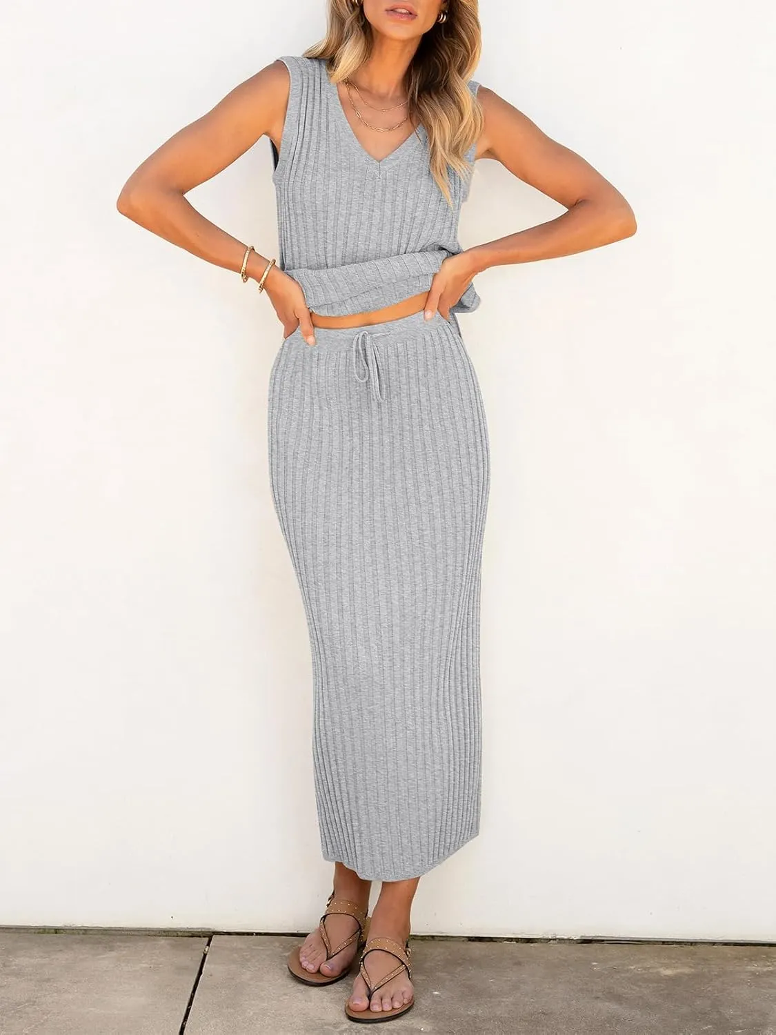 Women's 2 Piece Outfits Summer Sweater Skirt Sets Casual Sleeveless V Neck Ribbed Vest Knit Tops Midi Dress