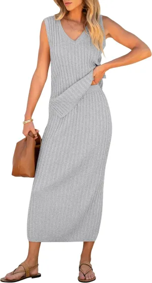 Women's 2 Piece Outfits Summer Sweater Skirt Sets Casual Sleeveless V Neck Ribbed Vest Knit Tops Midi Dress