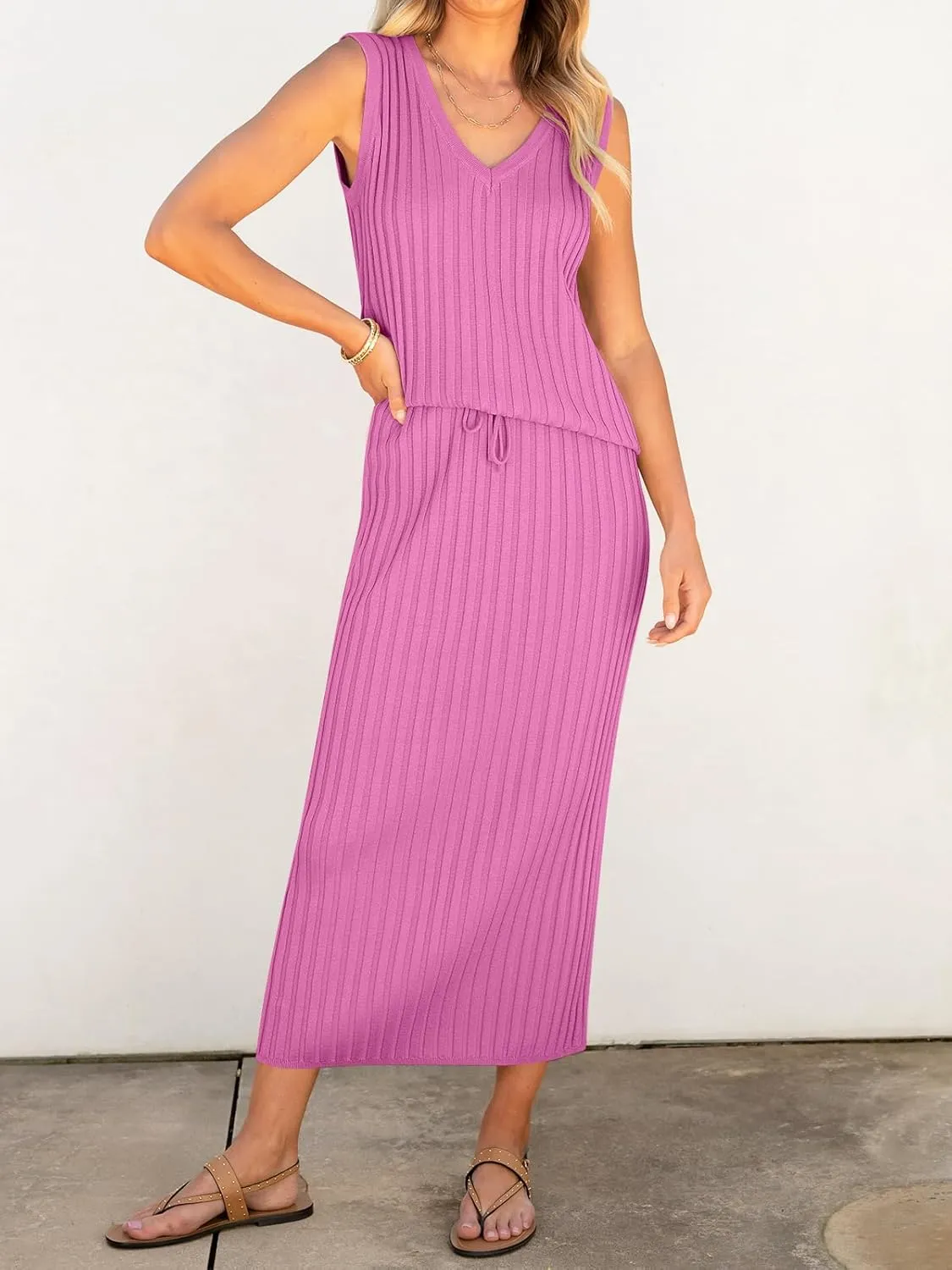 Women's 2 Piece Outfits Summer Sweater Skirt Sets Casual Sleeveless V Neck Ribbed Vest Knit Tops Midi Dress