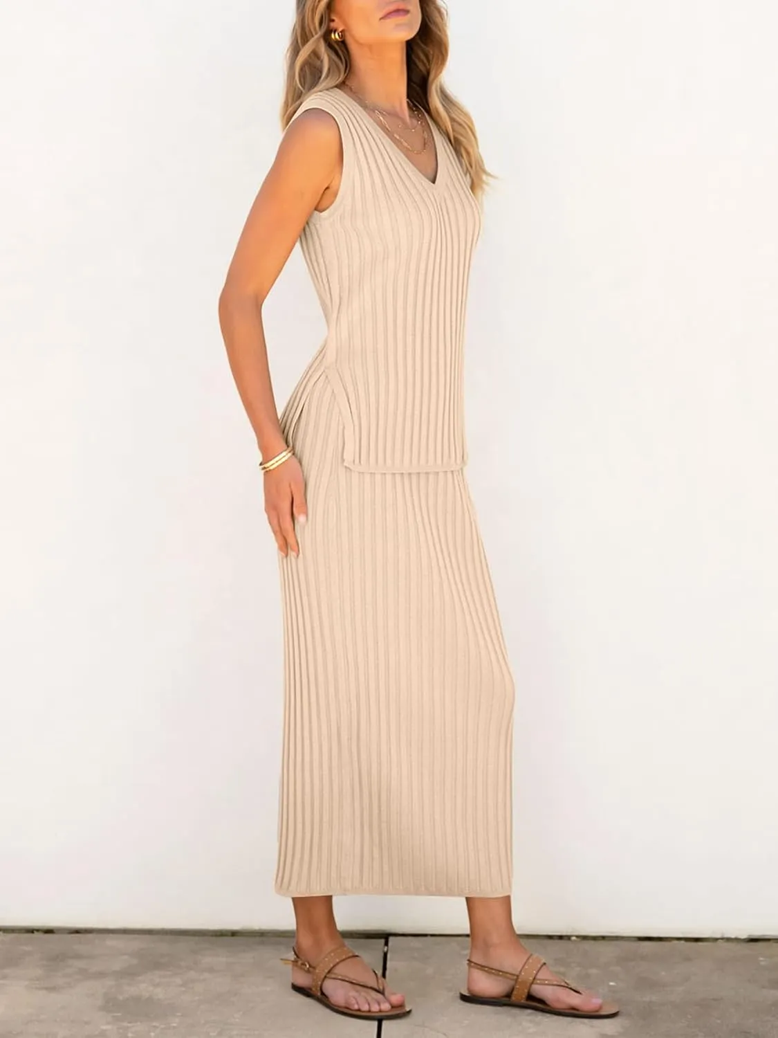 Women's 2 Piece Outfits Summer Sweater Skirt Sets Casual Sleeveless V Neck Ribbed Vest Knit Tops Midi Dress