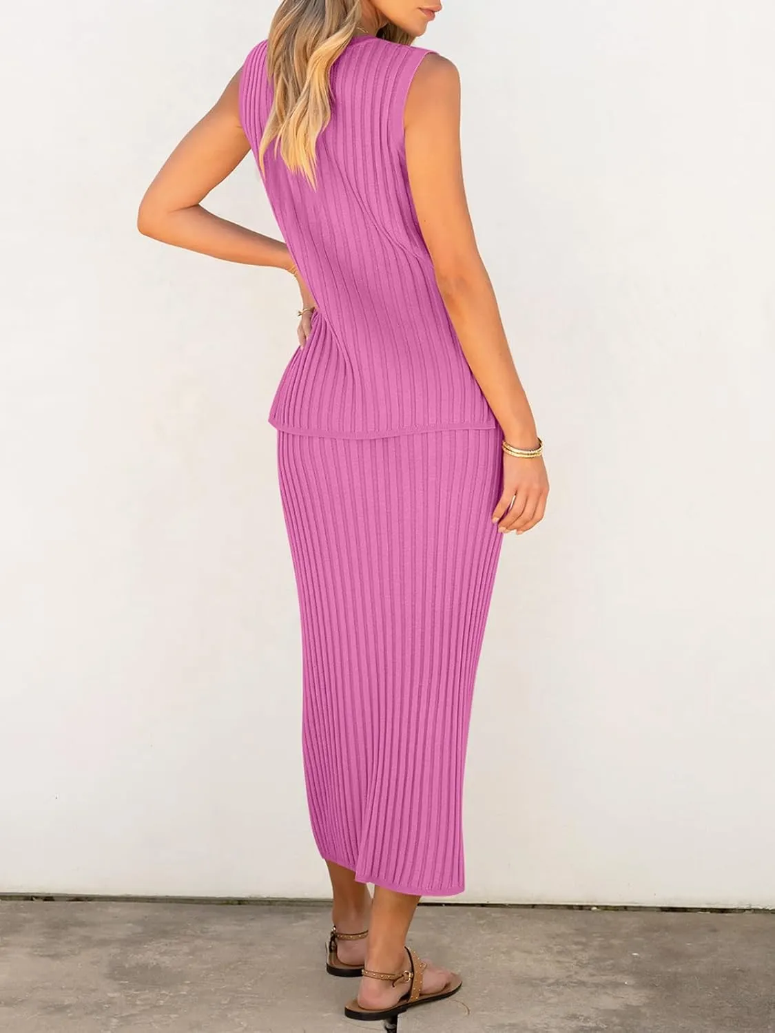 Women's 2 Piece Outfits Summer Sweater Skirt Sets Casual Sleeveless V Neck Ribbed Vest Knit Tops Midi Dress