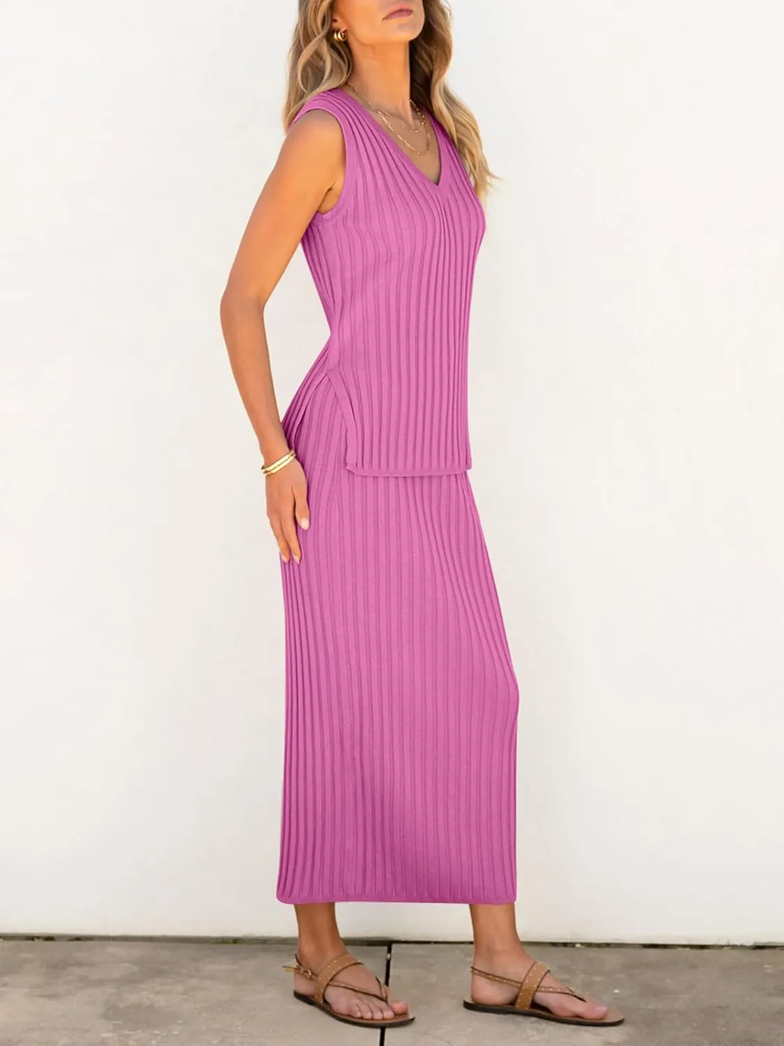 Women's 2 Piece Outfits Summer Sweater Skirt Sets Casual Sleeveless V Neck Ribbed Vest Knit Tops Midi Dress