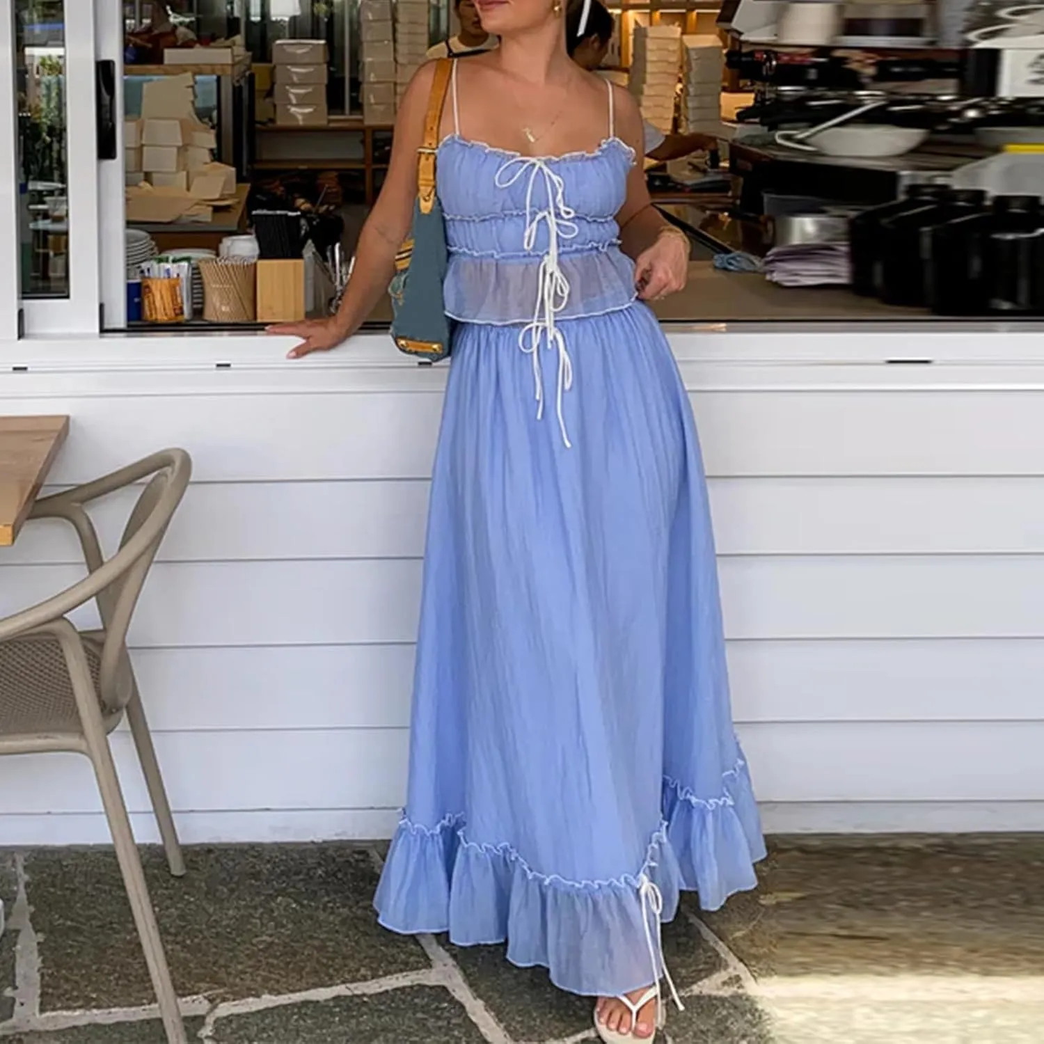 Womens 2 Piece Skirt Sets Lace Shirred Halter Tops and Swing Maxi Skirt Y2k Going Out Outfits Summer Beachwear