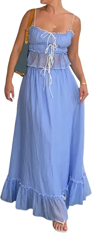 Womens 2 Piece Skirt Sets Lace Shirred Halter Tops and Swing Maxi Skirt Y2k Going Out Outfits Summer Beachwear