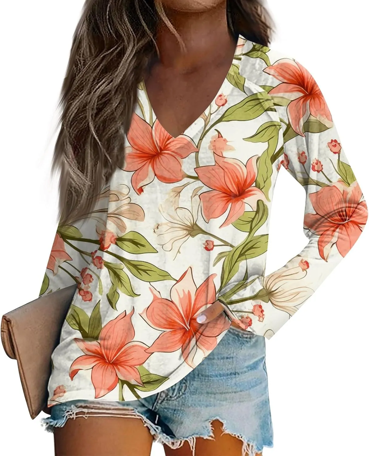 Women's 2025 Fall Long Sleeve Tops V Neck Sexy Floral Print Tee Tops Trendy Cute Loose Fit Dressy Winter Sweatshirt