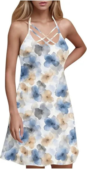 Womens 2025 Summer Dress Halter Neck Criss Cross Spaghetti Strap Beach Mini Dress Loose Flowy A-Line Sun Dresses