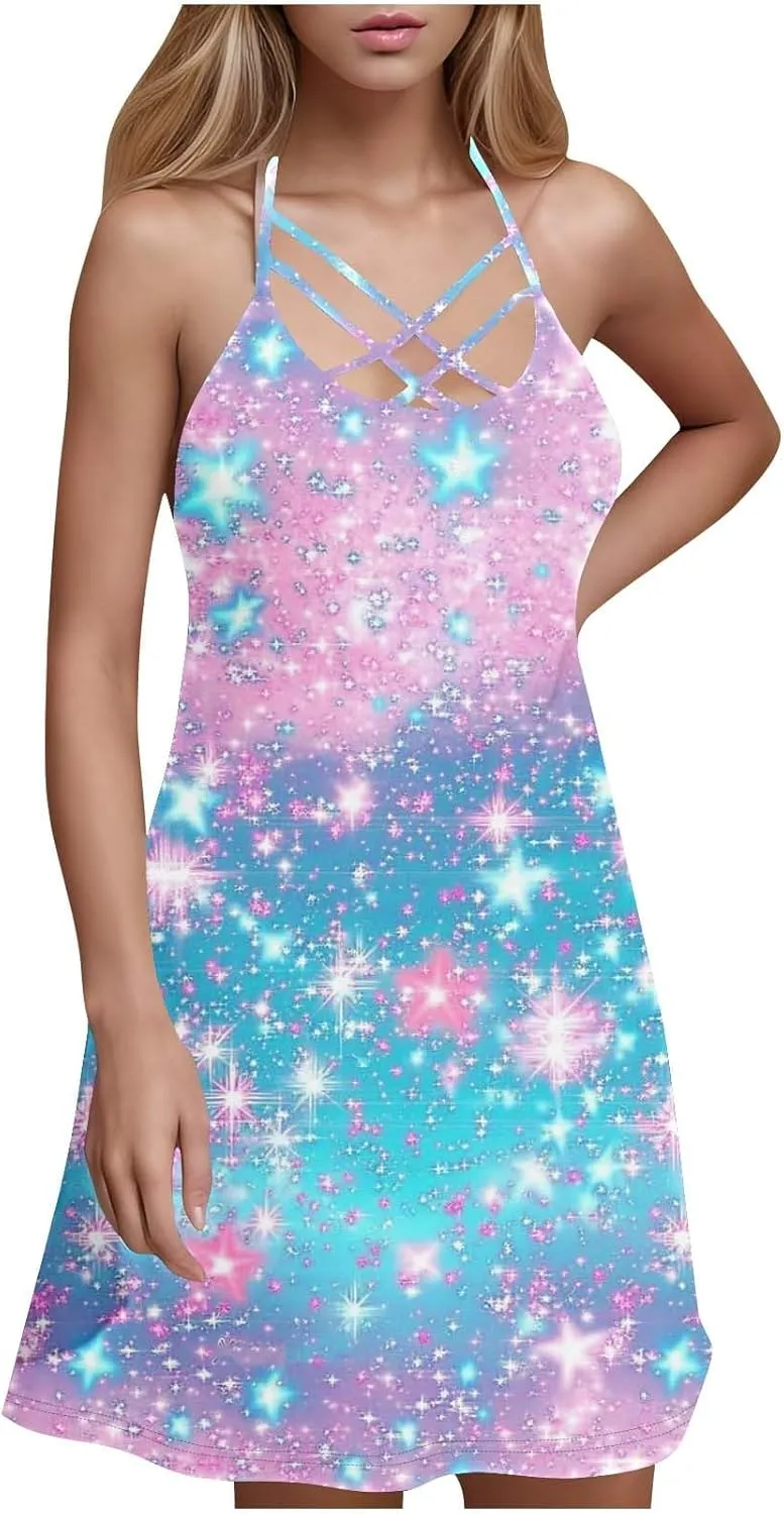 Womens 2025 Summer Dress Halter Neck Criss Cross Spaghetti Strap Beach Mini Dress Loose Flowy A-Line Sun Dresses