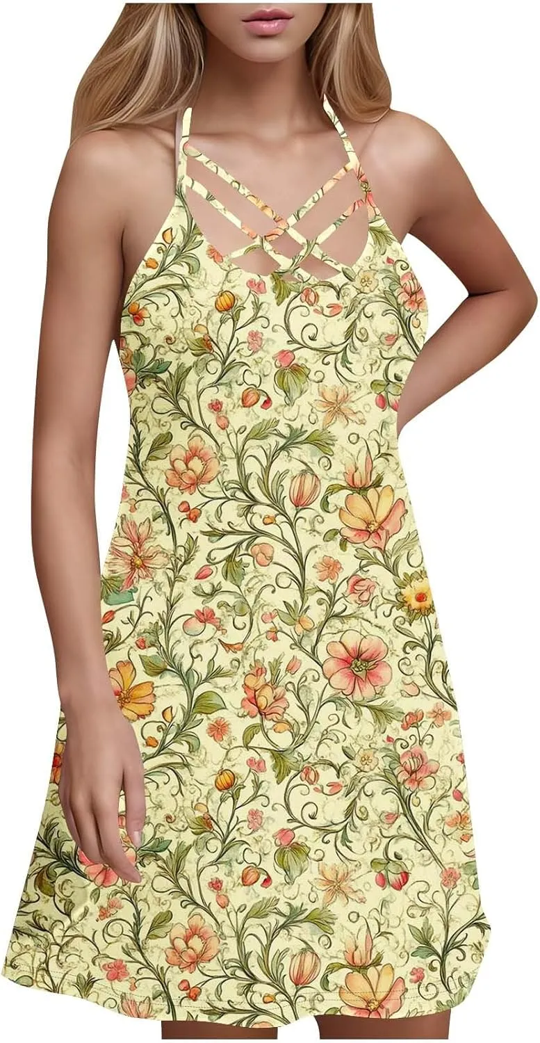 Womens 2025 Summer Dress Halter Neck Criss Cross Spaghetti Strap Beach Mini Dress Loose Flowy A-Line Sun Dresses