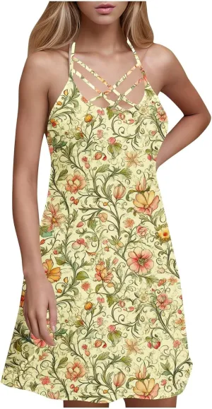 Womens 2025 Summer Dress Halter Neck Criss Cross Spaghetti Strap Beach Mini Dress Loose Flowy A-Line Sun Dresses