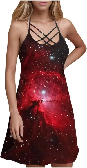 Womens 2025 Summer Dress Halter Neck Criss Cross Spaghetti Strap Beach Mini Dress Loose Flowy A-Line Sun Dresses