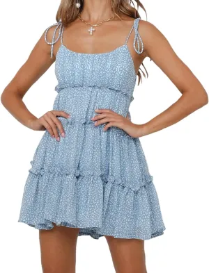 Womens 2025 Summer Floral Mini Dress Boho Flowy Skater Dresses Short Sleeveless Ruffle Spaghetti Strap Dress