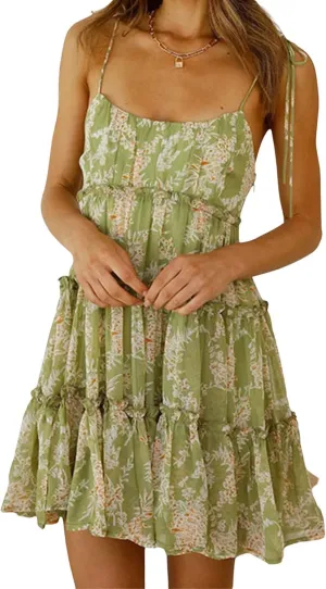 Womens 2025 Summer Floral Mini Dress Boho Flowy Skater Dresses Short Sleeveless Ruffle Spaghetti Strap Dress