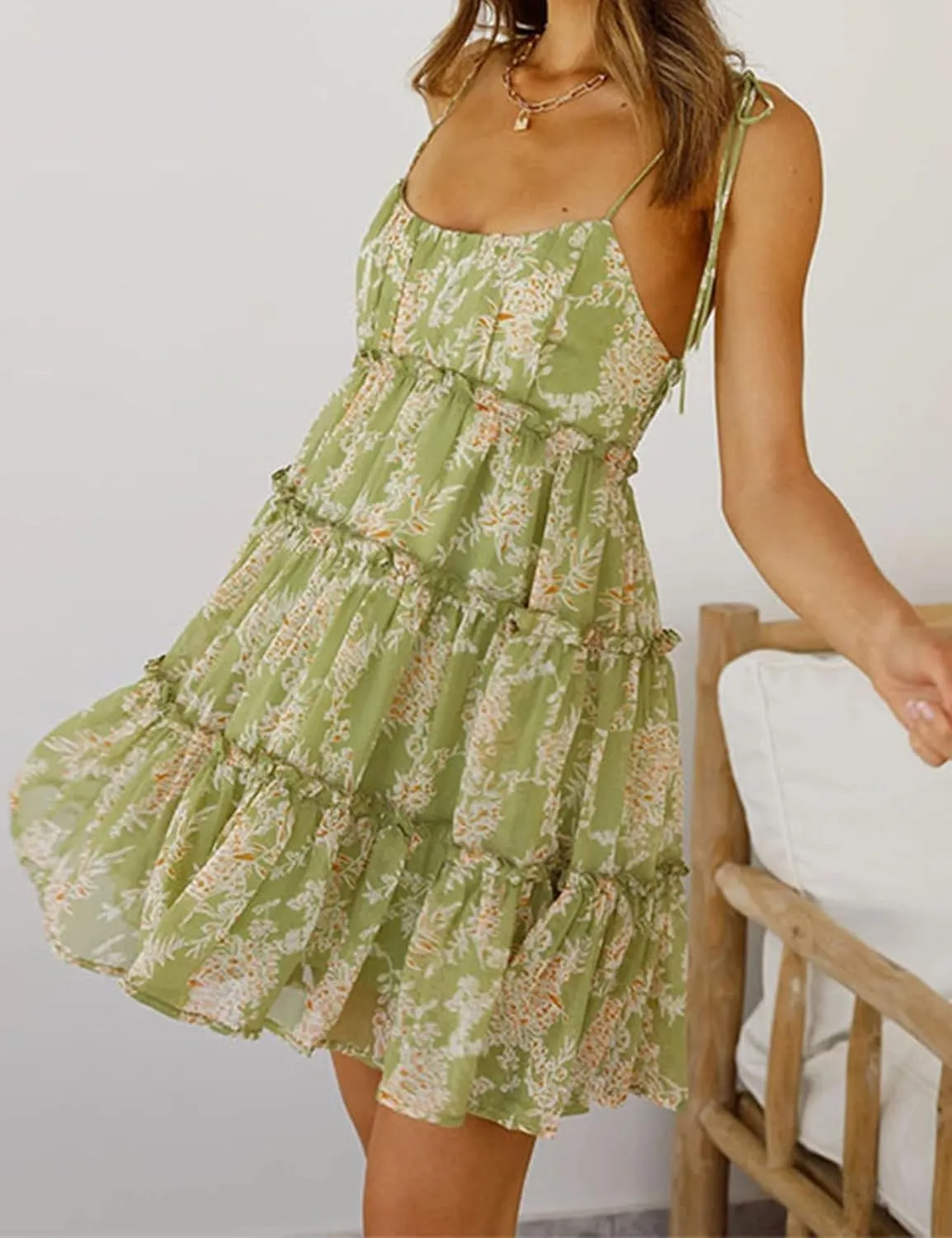 Womens 2025 Summer Floral Mini Dress Boho Flowy Skater Dresses Short Sleeveless Ruffle Spaghetti Strap Dress