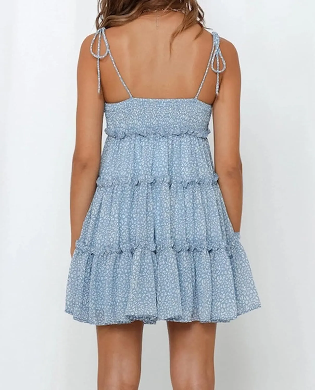 Womens 2025 Summer Floral Mini Dress Boho Flowy Skater Dresses Short Sleeveless Ruffle Spaghetti Strap Dress