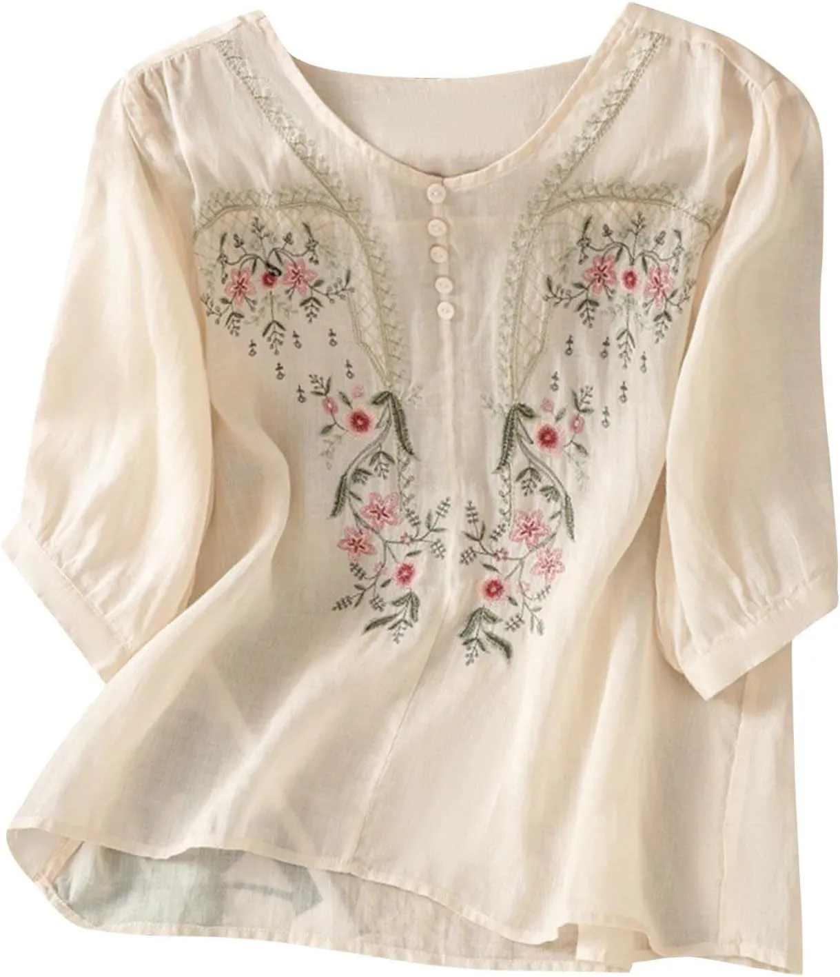 Womens 3/4 Sleeve Linen Shirts 2025 Cotton Summer Retro Embroidered Boho Tops Dressy Casual Beach Vacation Blouses
