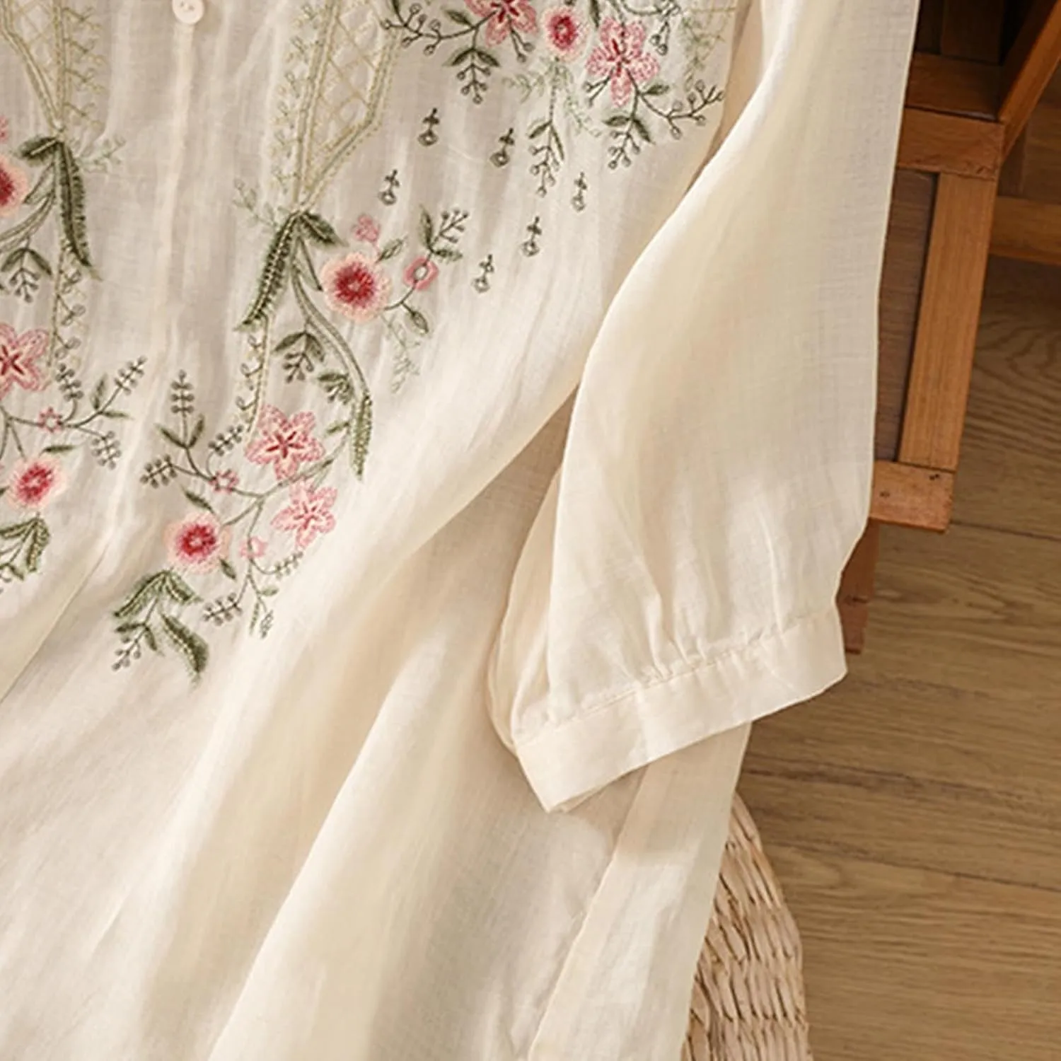 Womens 3/4 Sleeve Linen Shirts 2025 Cotton Summer Retro Embroidered Boho Tops Dressy Casual Beach Vacation Blouses