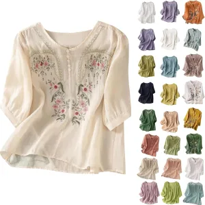 Womens 3/4 Sleeve Linen Shirts 2025 Cotton Summer Retro Embroidered Boho Tops Dressy Casual Beach Vacation Blouses
