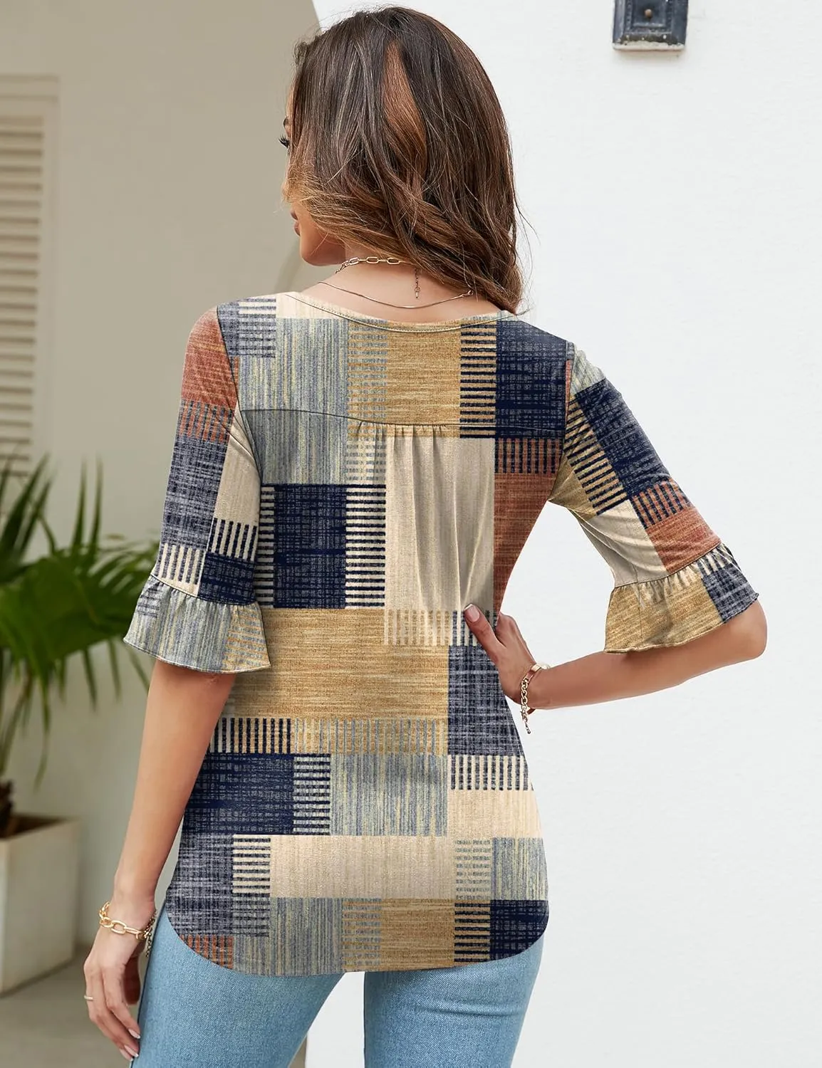 Womens 3/4 Sleeve Shirts Summer Square Neck Bell Sleeve Tops Business Casual Loose Tunic Work Dressy Blouses