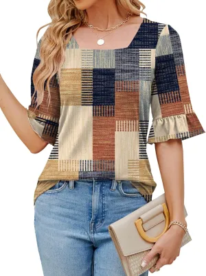 Womens 3/4 Sleeve Shirts Summer Square Neck Bell Sleeve Tops Business Casual Loose Tunic Work Dressy Blouses