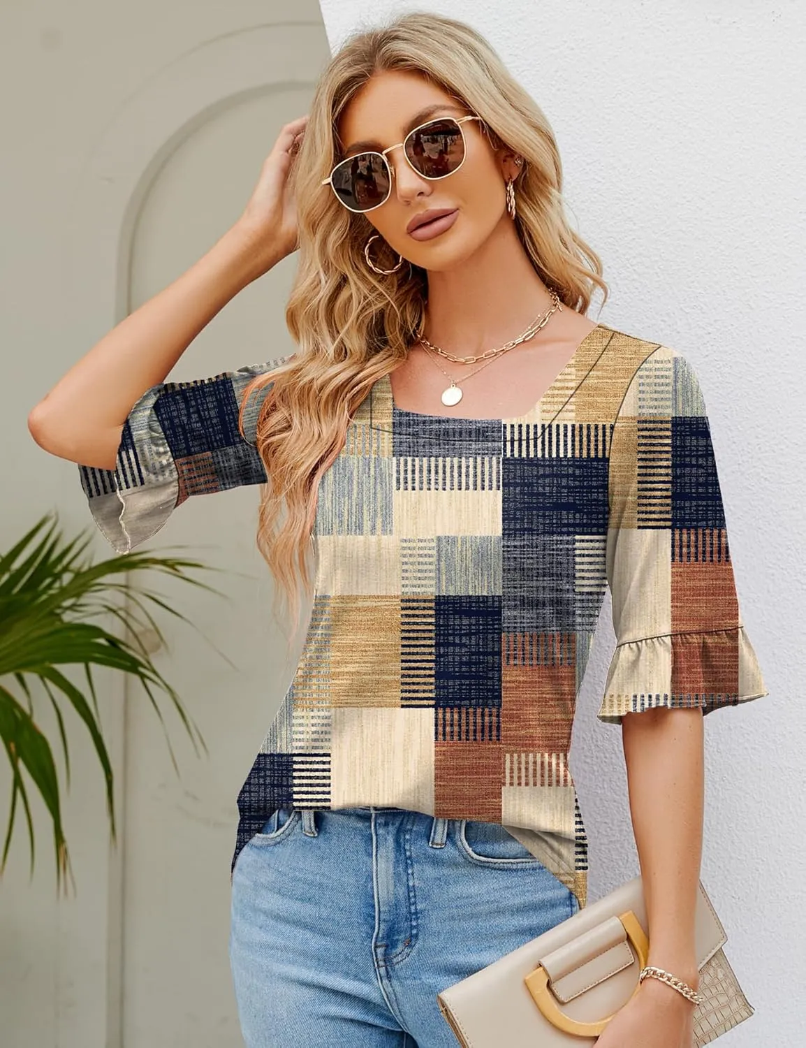 Womens 3/4 Sleeve Shirts Summer Square Neck Bell Sleeve Tops Business Casual Loose Tunic Work Dressy Blouses
