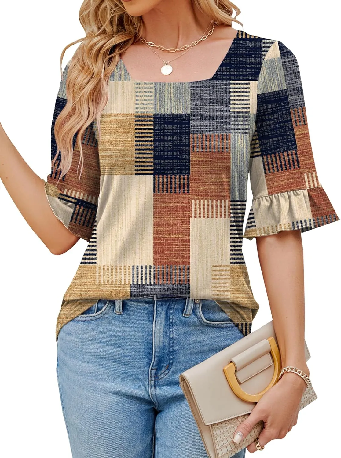 Womens 3/4 Sleeve Shirts Summer Square Neck Bell Sleeve Tops Business Casual Loose Tunic Work Dressy Blouses