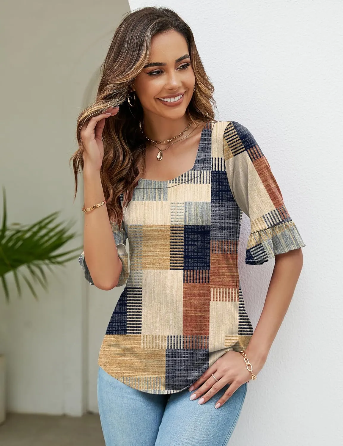 Womens 3/4 Sleeve Shirts Summer Square Neck Bell Sleeve Tops Business Casual Loose Tunic Work Dressy Blouses
