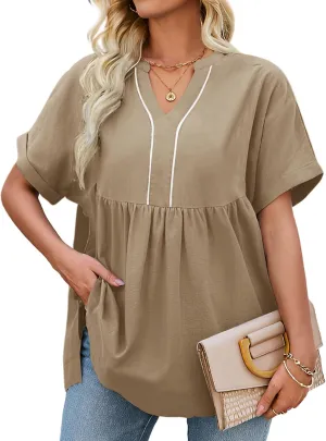 Womens Babydoll Tops V Neck Short Sleeve T Shirt Casual Cute Peplum Oversized Tunic Loose Fit Shirts