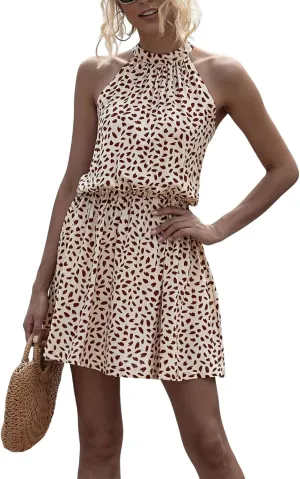 Women's Boho Halter Neck Sleeveless Mini Dress Sexy Slim Backless Print A-Line Dress 2025 Summer Beach Vacation Sundress