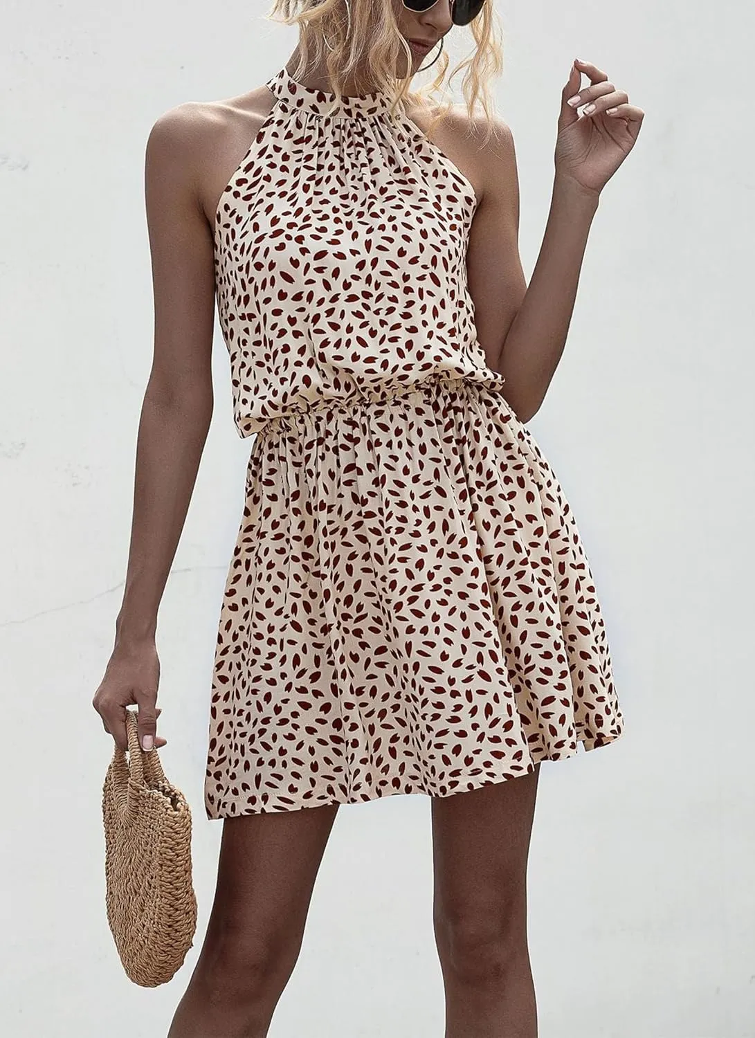 Women's Boho Halter Neck Sleeveless Mini Dress Sexy Slim Backless Print A-Line Dress 2025 Summer Beach Vacation Sundress