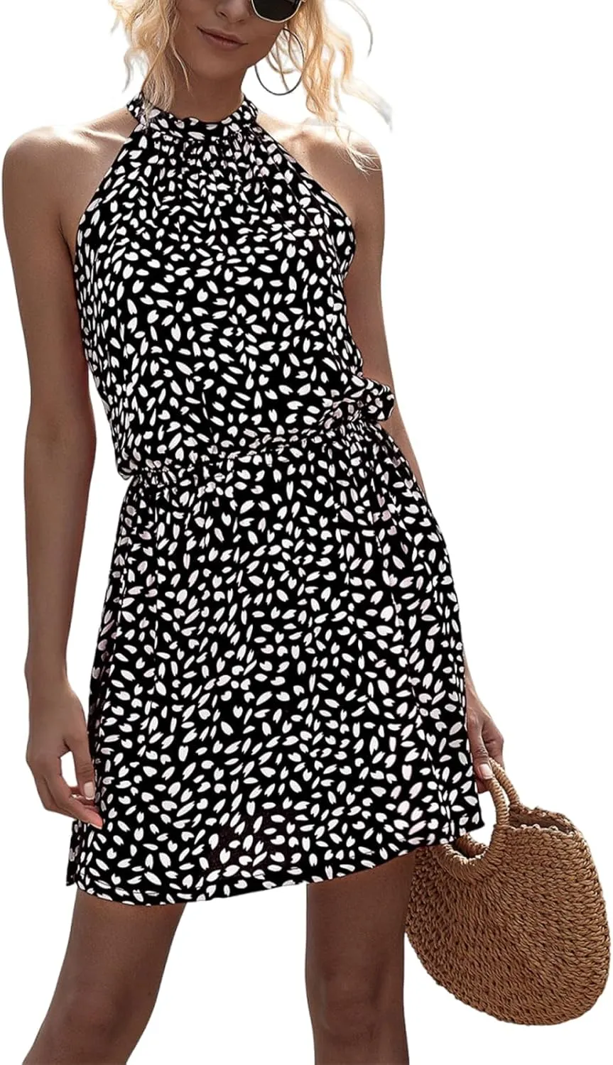 Women's Boho Halter Neck Sleeveless Mini Dress Sexy Slim Backless Print A-Line Dress 2025 Summer Beach Vacation Sundress