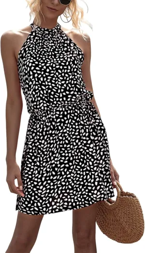 Women's Boho Halter Neck Sleeveless Mini Dress Sexy Slim Backless Print A-Line Dress 2025 Summer Beach Vacation Sundress