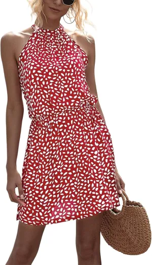 Women's Boho Halter Neck Sleeveless Mini Dress Sexy Slim Backless Print A-Line Dress 2025 Summer Beach Vacation Sundress