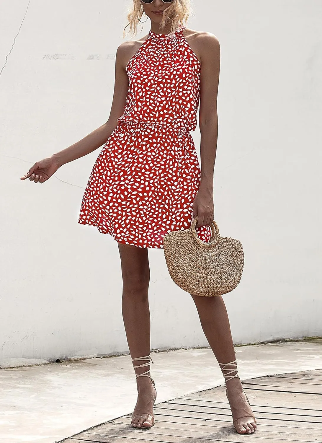Women's Boho Halter Neck Sleeveless Mini Dress Sexy Slim Backless Print A-Line Dress 2025 Summer Beach Vacation Sundress