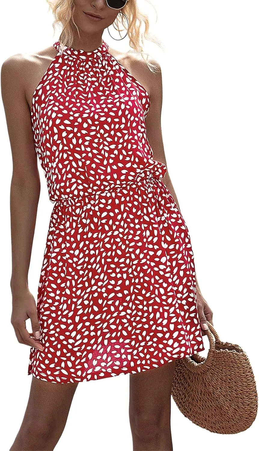 Women's Boho Halter Neck Sleeveless Mini Dress Sexy Slim Backless Print A-Line Dress 2025 Summer Beach Vacation Sundress