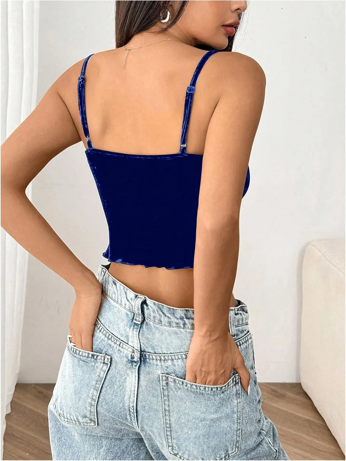 Women's Bowknot Lace Velvet Crop Camisole Tops Slim Fit Spaghetti Strap Tank Tops