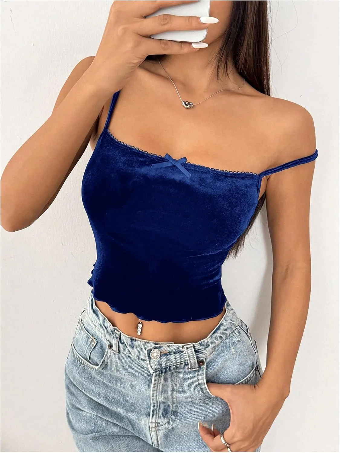 Women's Bowknot Lace Velvet Crop Camisole Tops Slim Fit Spaghetti Strap Tank Tops