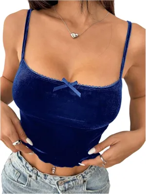 Women's Bowknot Lace Velvet Crop Camisole Tops Slim Fit Spaghetti Strap Tank Tops