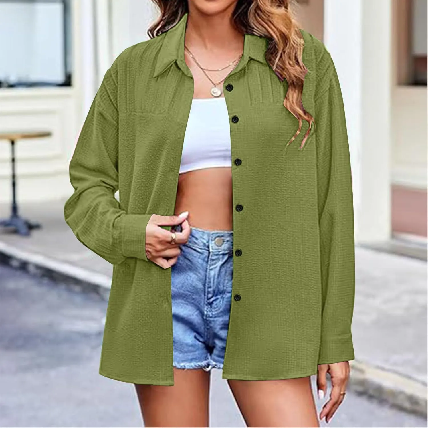 Womens Button Down Shirts Long Sleeve Collared Dress Tunic Cotton Oversized Blouses Going Out Dressy Casual Tops